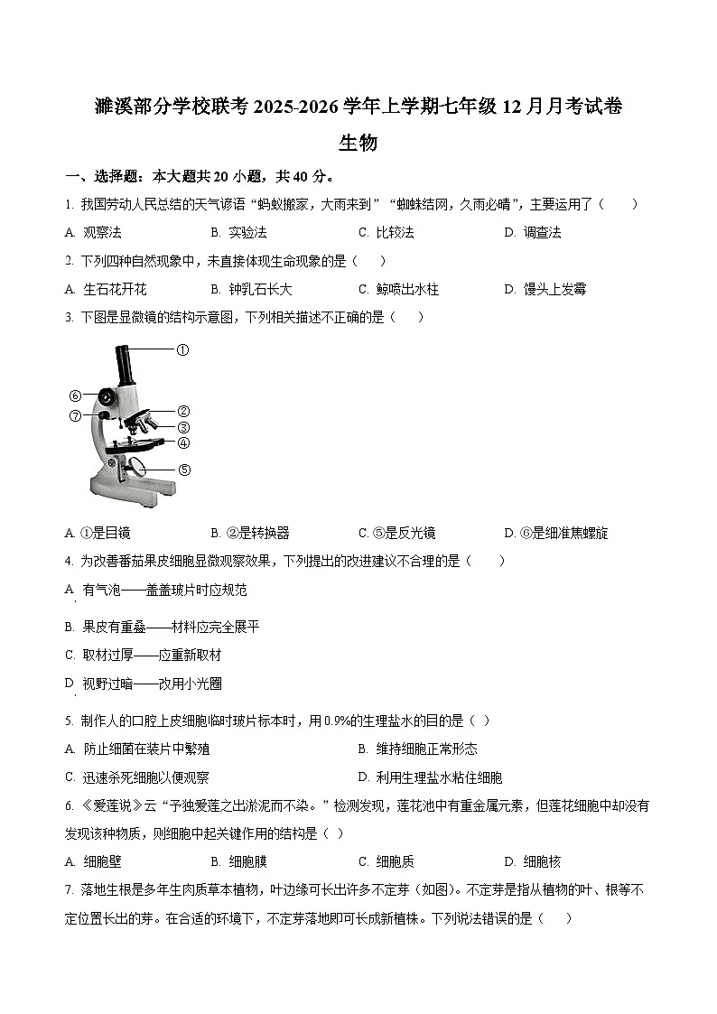 安徽省淮北市濉溪县部分校联考2025-2026学年七年级上学期12月月考生物试题第1页