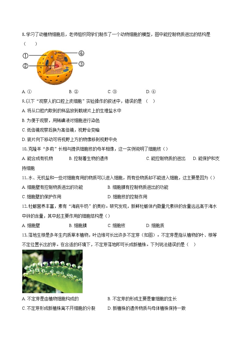 安徽省淮南市凤台县部分学校联考2025-2026学年七年级上学期12月期中考试生物试题第2页