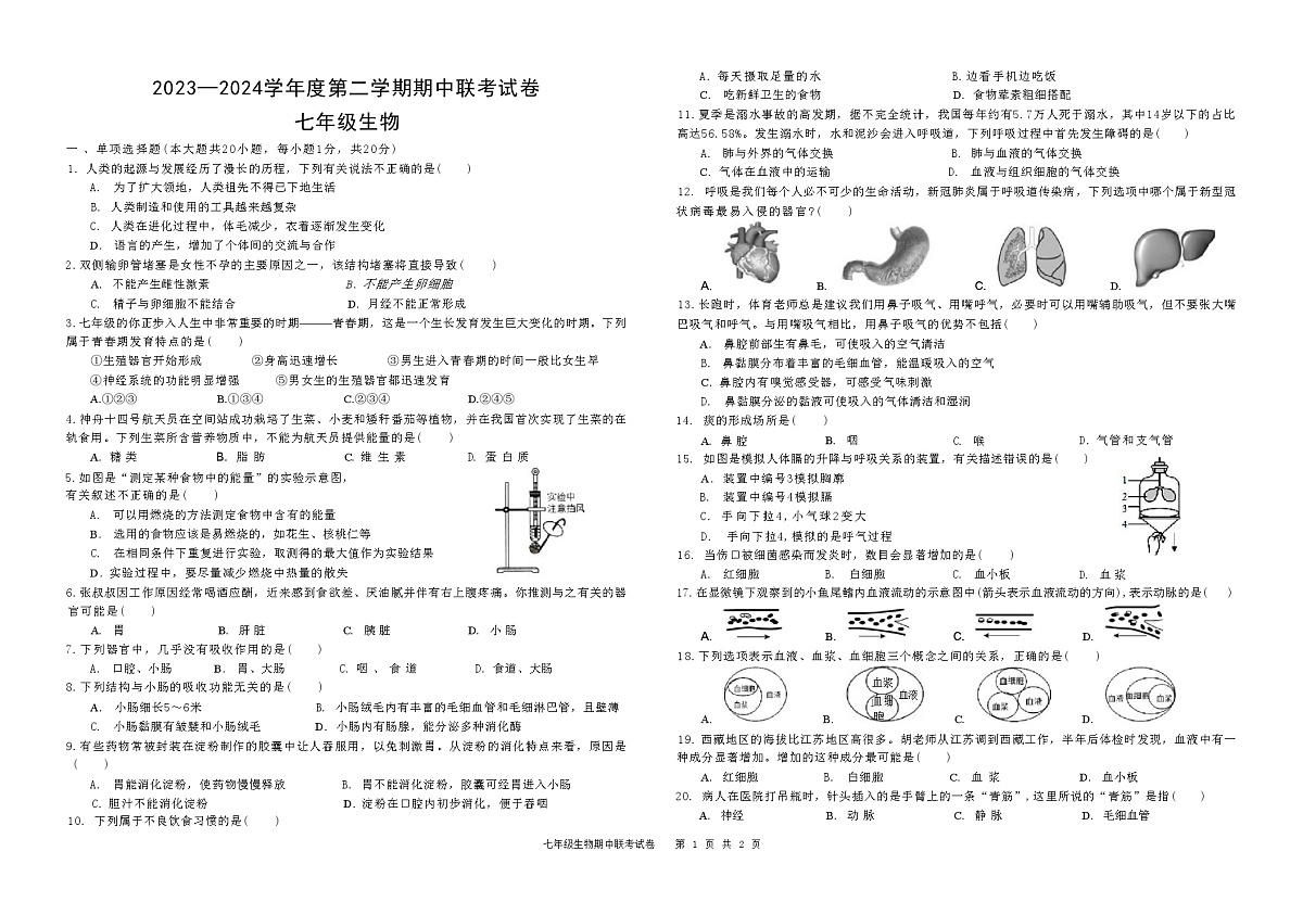 江西省赣州市南康区2023-2024学年七年级下学期期中考试生物试题第1页