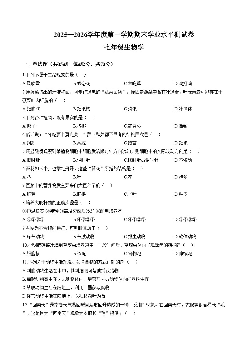 海南省省直五指山市2025_2026学年七年级上学期1月期末生物试题(文字版含答案)第1页