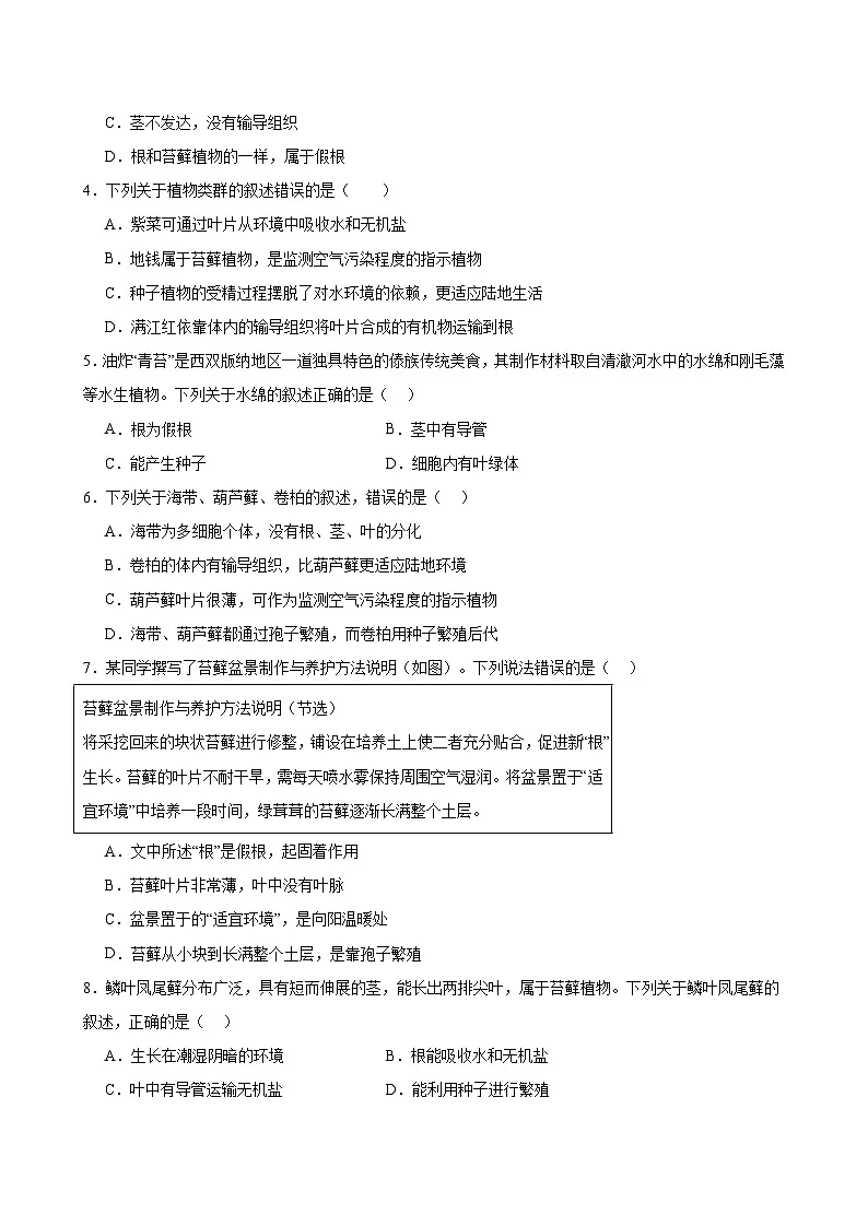 2025-2026人教版生物七上【藻类与植物类群】期末专项训练（含答案）第2页