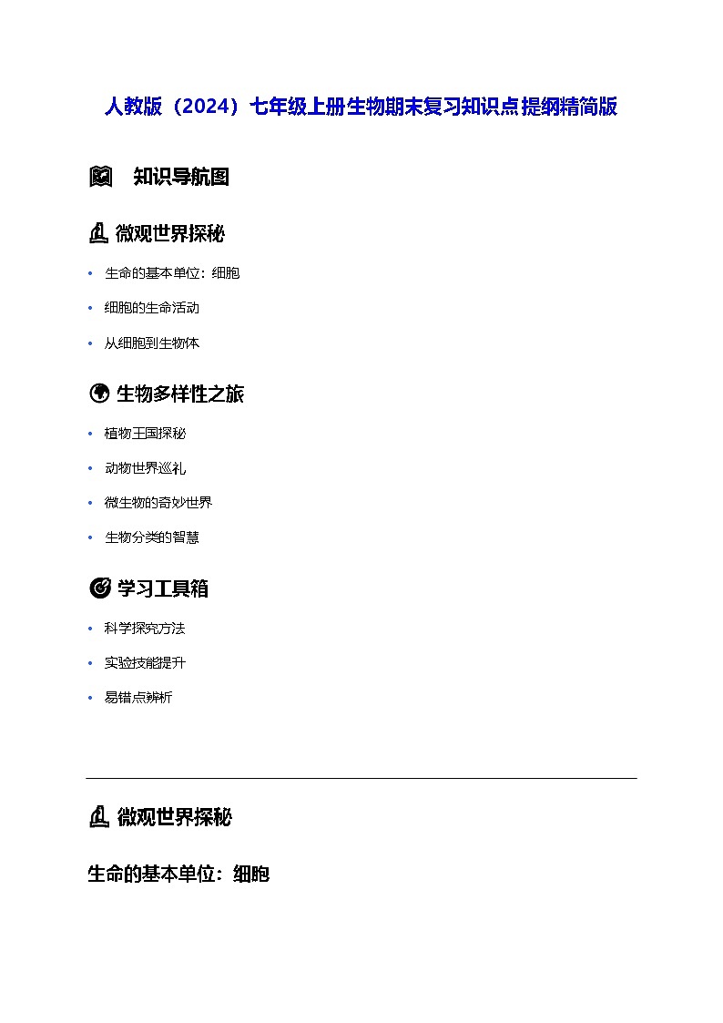 人教版（2024）七年级上册生物期末复习知识点提纲精简版 讲义第1页