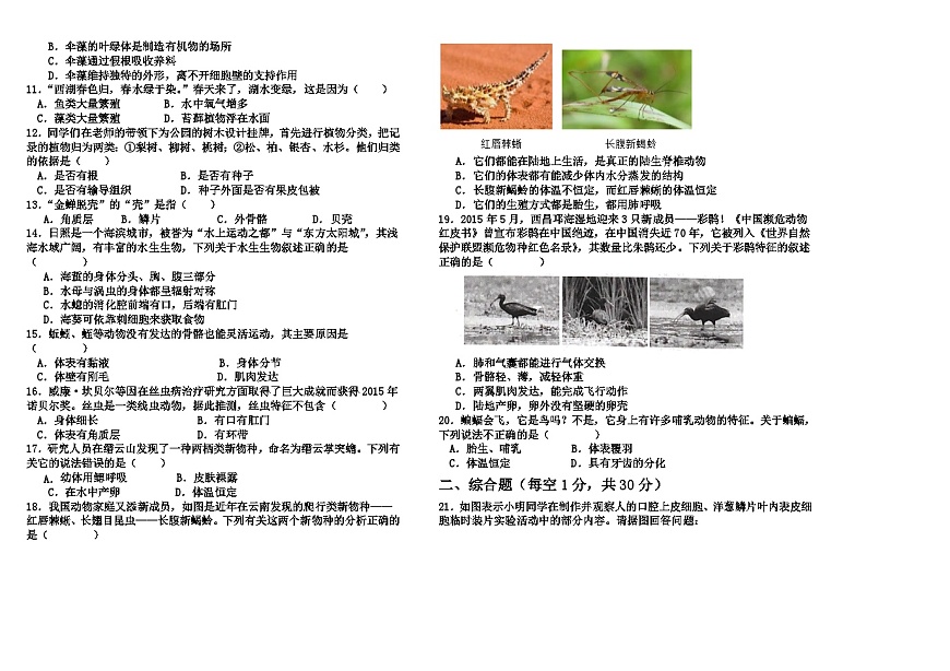 吉林省松原市前郭三中2025—2026学年度第一学期 七年级第二次月考学识大练兵生物试卷（含答案）第2页