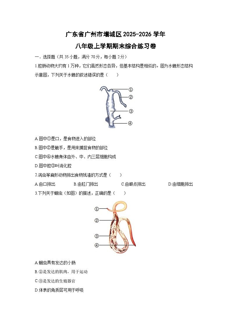 2025-2026学年广东省广州市增城区八年级上学期期末综合练习生物试卷（学生版）第1页