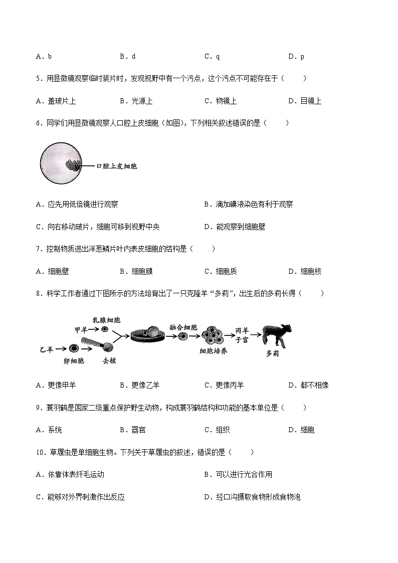 【试卷】北京市石景山区2025--2026学年七年级上学期期末生物试题第2页