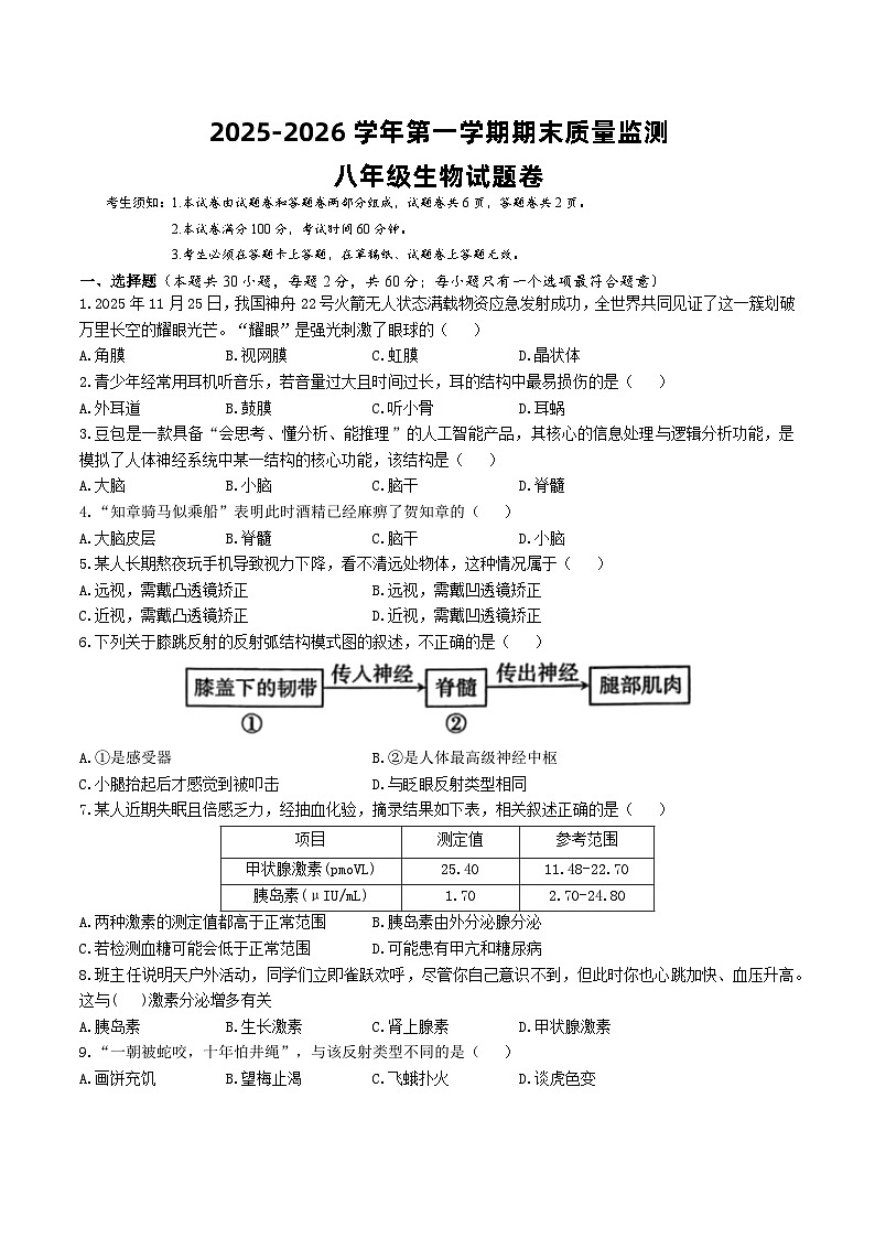 2025-2026学年第一学期期末质量监测八年级生物学试题卷第1页