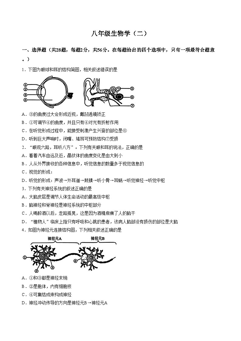 天津市河西区2025__2026学年八年级上学期1月期末生物试题(文字版含答案)第1页