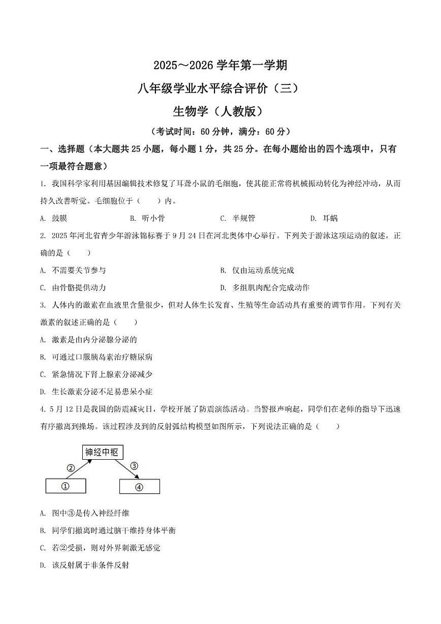 2025-2026学年河北省沧州市八年级上学期12月月考生物试卷（有答案）第1页