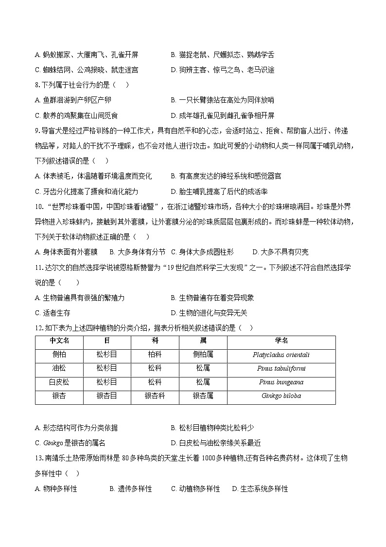 安徽省滁州市定远县育才学校2025-2026学年八年级上学期12月月考生物试题【含答案】第2页