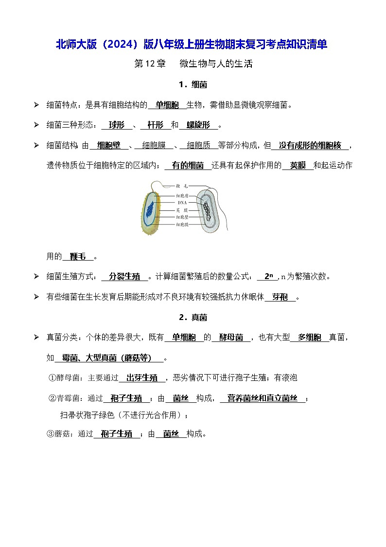 北师大版（2024）版八年级上册生物期末复习考点知识清单 讲义第1页