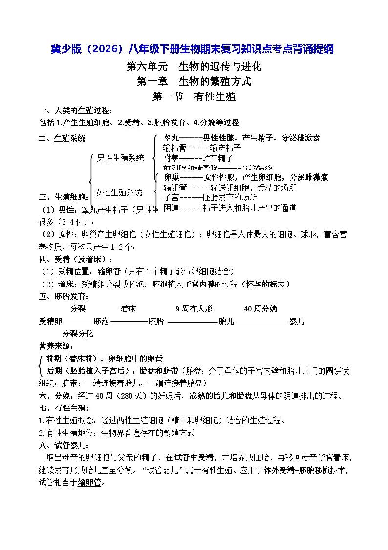 冀少版（2026）八年级下册生物期末复习知识点考点背诵提纲 讲义第1页