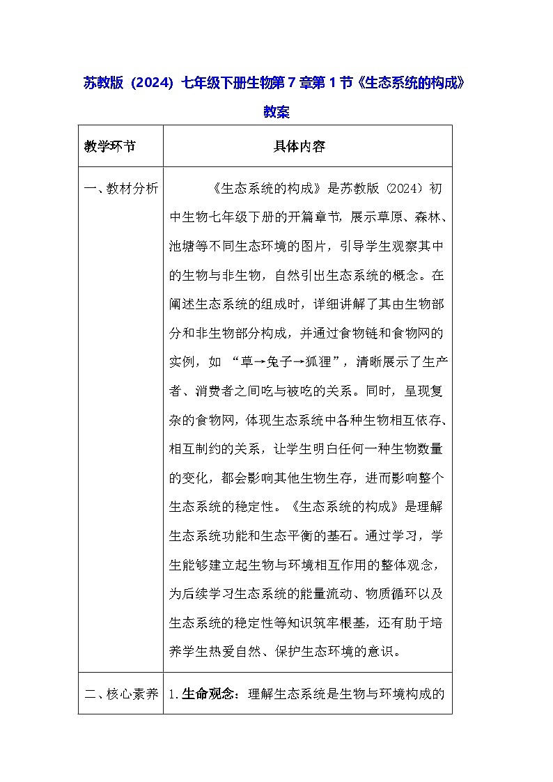 苏教版（2024）七年级下册生物第7章第1节《生态系统的构成》教案第1页