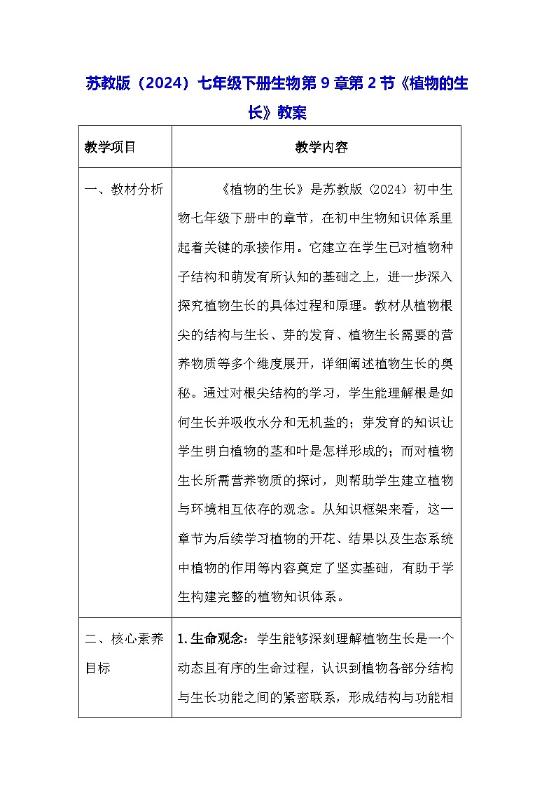 苏教版（2024）七年级下册生物第9章第2节《植物的生长》教案第1页