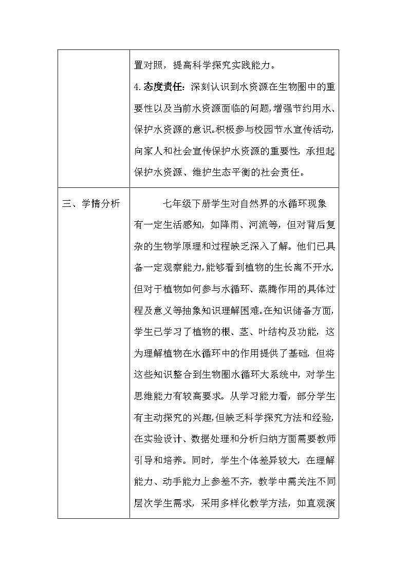 苏教版（2024）七年级下册生物第10章第2节《生物圈中的水循环》教案第3页