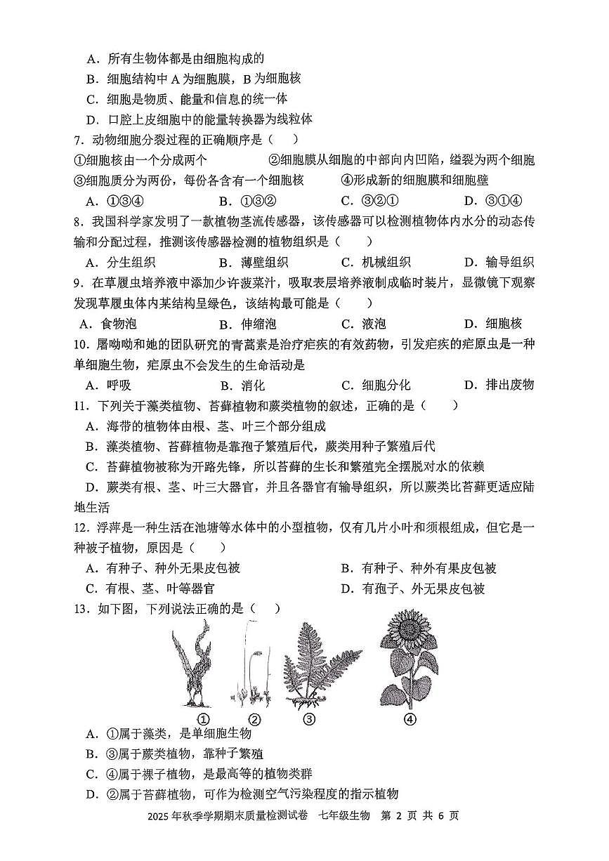 湖南省邵阳市洞口县2025-2026学年七年级上学期期末质量监测生物试题卷第2页