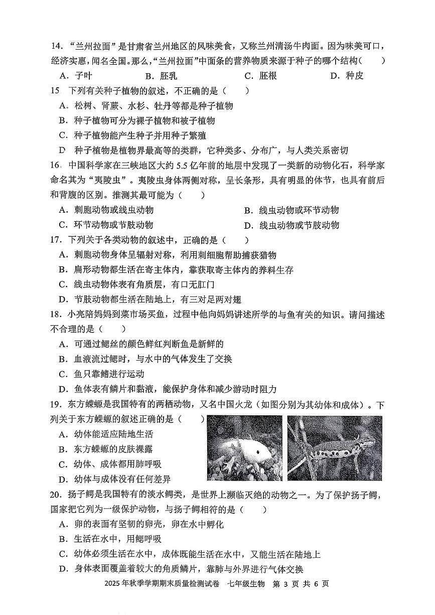 湖南省邵阳市洞口县2025-2026学年七年级上学期期末质量监测生物试题卷第3页