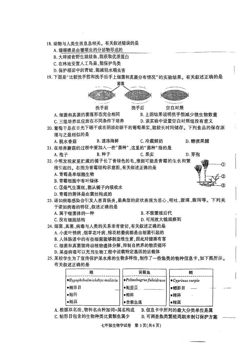陕西省宝鸡市渭滨区2024-2025学年七年级上学期期末生物学试卷第3页