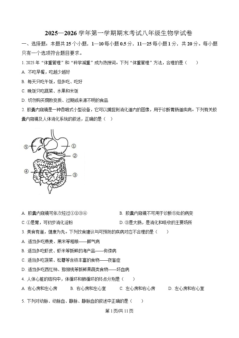 甘肃省兰州市八校联考2025-2026学年八年级上学期期末考试生物试卷（含答案）第1页