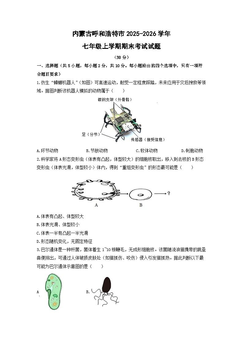 2025-2026学年内蒙古呼和浩特市七年级上学期期末考试生物试卷（学生版）第1页