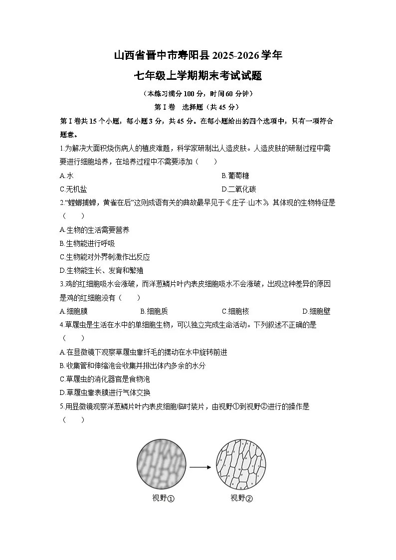 2025-2026学年山西省晋中市寿阳县七年级上学期期末考试生物试卷（学生版）第1页
