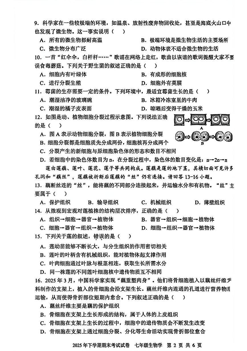 湖南省邵阳武冈市统考2025-2026学年七年级上学期生物期末试卷第2页