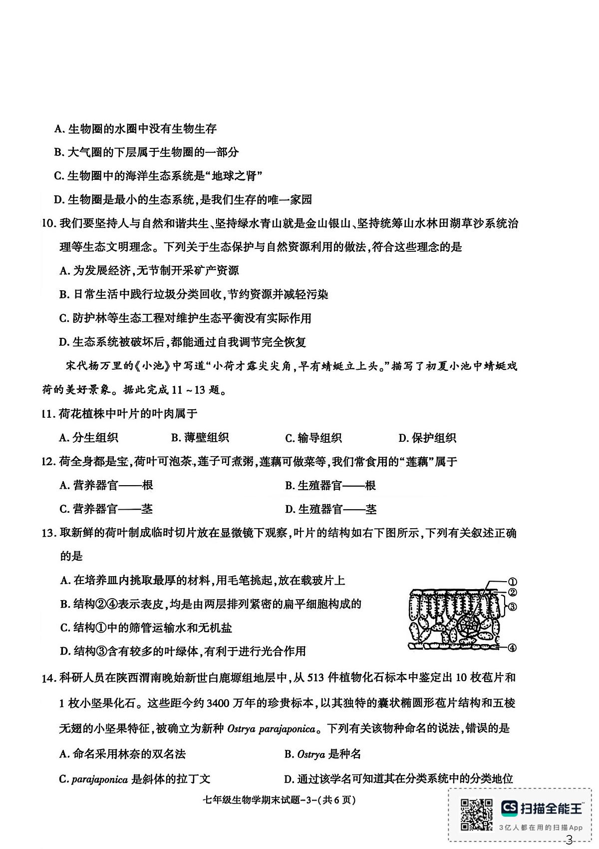 陕西省渭南市临渭区2025-2026学年七年级上学期生物期末试题第3页