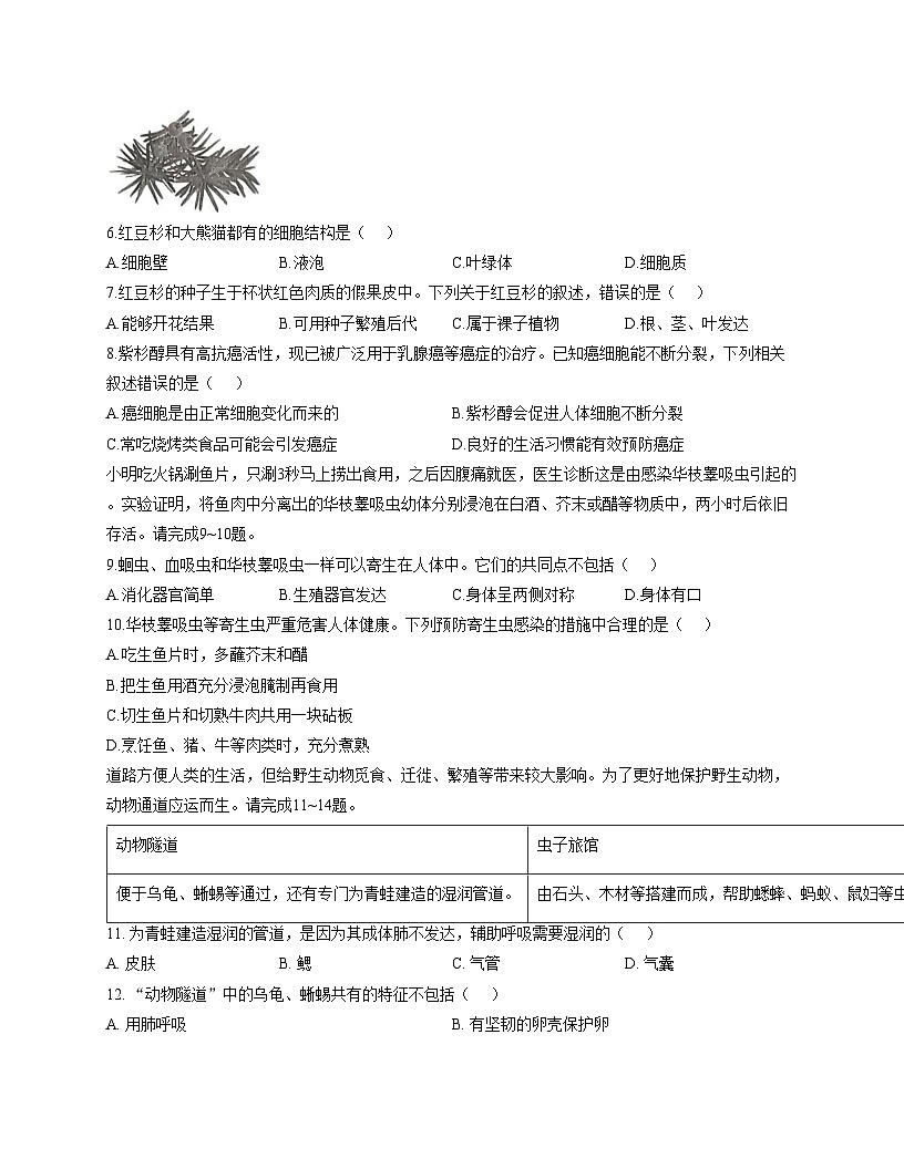 陕西省咸阳市永寿县上邑中学2025_2026学年七年级上学期课后综合作业（三）生物学试题（文字版，含答案）第2页