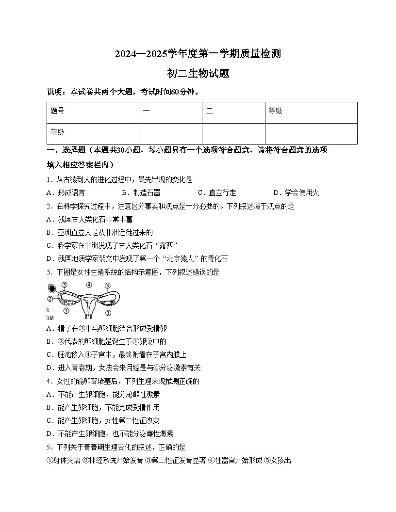 广东省肇庆市第一中学2024_2025学年八年级上学期期末考试生物试卷（文字版，含答案）第1页