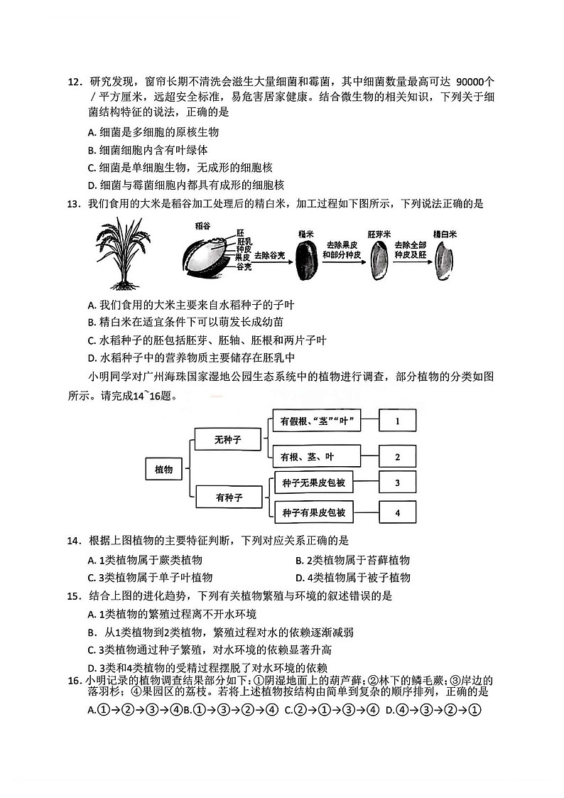 广州市天河区2025-2026学年七年级上学期期末测试生物试题（含答案）第3页