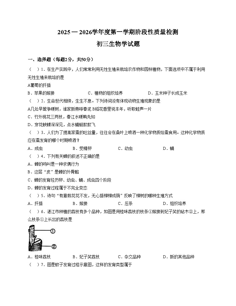 山东省枣庄市2025_2026学年九年级上学期生物月考试题（文字版，含答案）第1页
