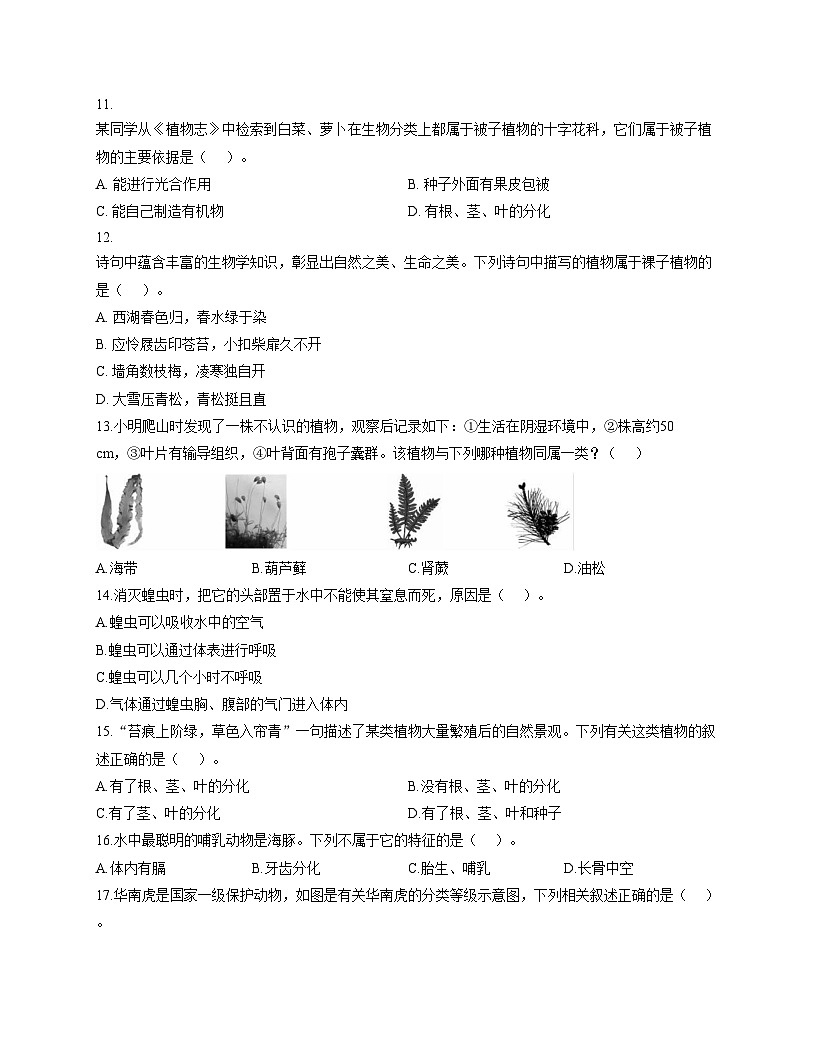 山东省德州市齐河县刘桥乡中学2025_2026学年七年级上学期第二次月考生物试题（文字版，含答案）第3页