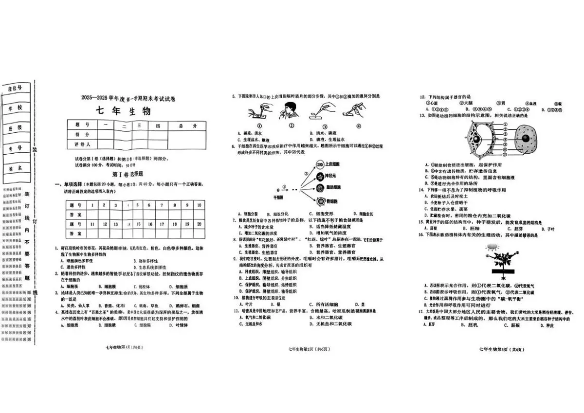 2025-2026学年辽宁省铁岭市铁岭县七年级上学期1月期末生物试题（有答案）第1页