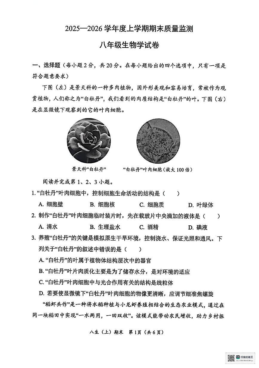 湖北省汉川市2024-2025学年八年级下学期期末质量测评生物试卷第1页