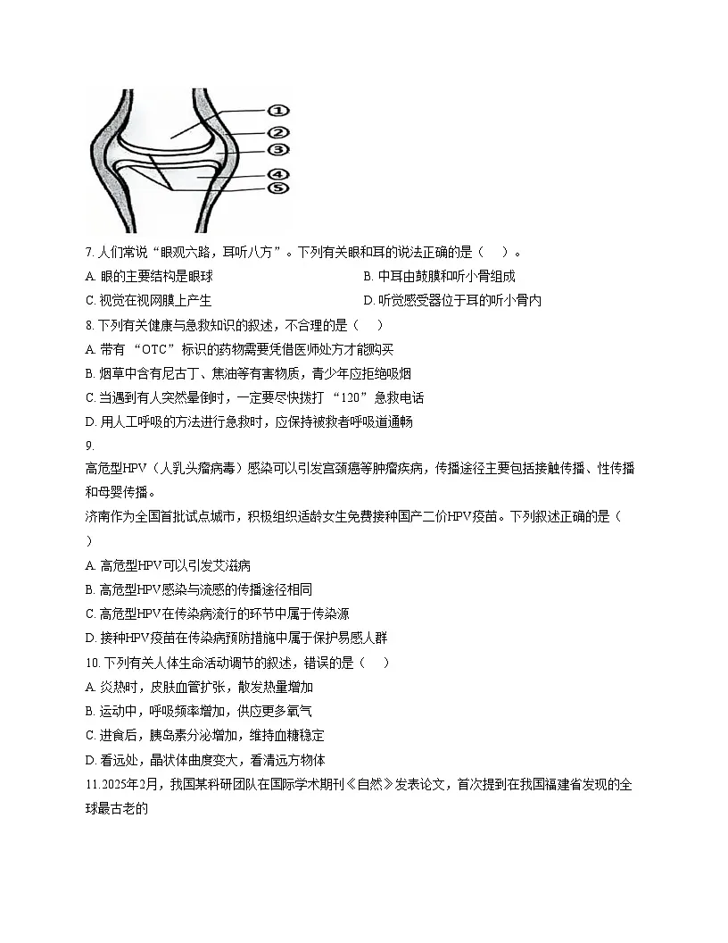 山东省德州市德城区第九中学2025_2026学年八年级上学期第二次月考生物试题（文字版，含答案）第2页