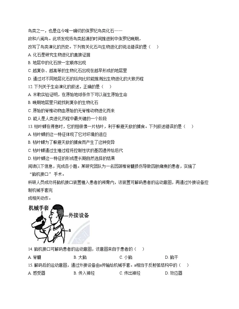山东省德州市德城区第九中学2025_2026学年八年级上学期第二次月考生物试题（文字版，含答案）第3页