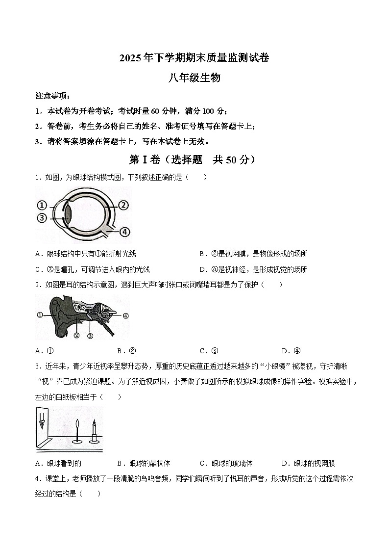 【试卷】湖南省邵阳市邵东市2025-2026学年八年级上学期1月期末生物试题第1页