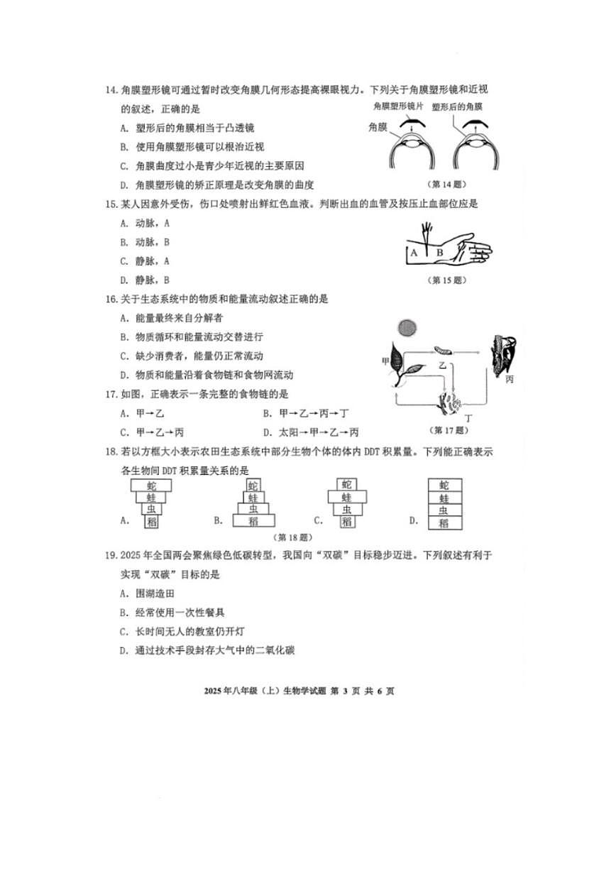 2025-2026学年吉林省延边州八年级上学期期末考试生物试卷（有答案）第3页