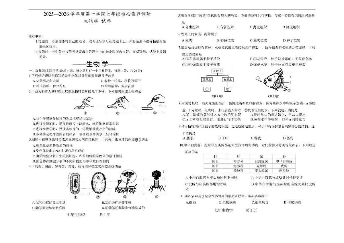 2025-2026学年吉林省长春市汽车经济技术开发区多校联考七年级上学期期末考试生物学试卷（有答案）第1页