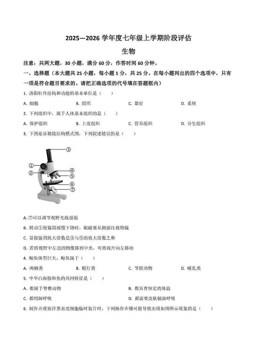 2025-2026学年河北省邢台市任泽区七年级上学期12月月考生物试卷（有答案）第1页