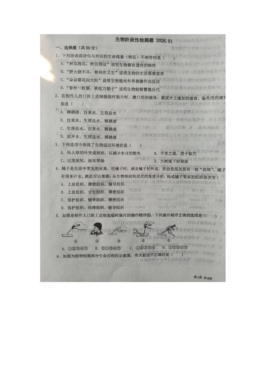 2025-2026学年山东省淄博市周村区第一中学八年级上学期1月月考生物试卷（有答案）第1页