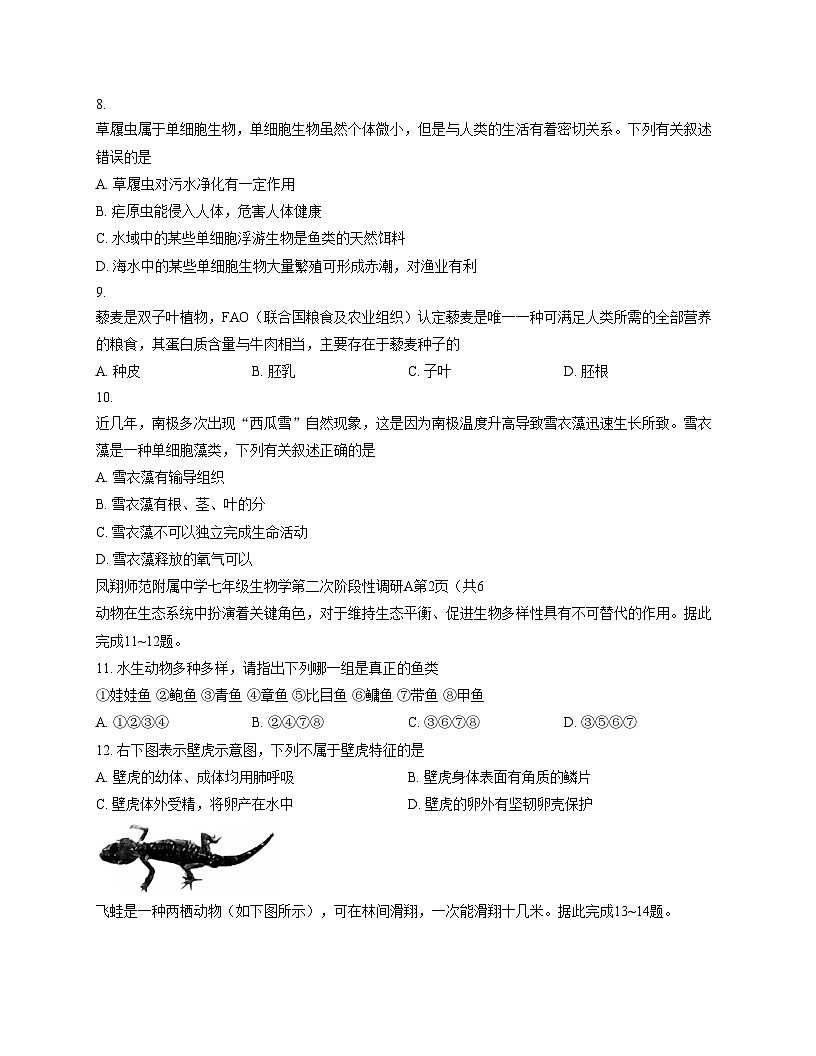 陕西省宝鸡市凤翔师范附属中学2025_2026学年七年级上学期第二次月考生物试题（文字版，含答案）第3页