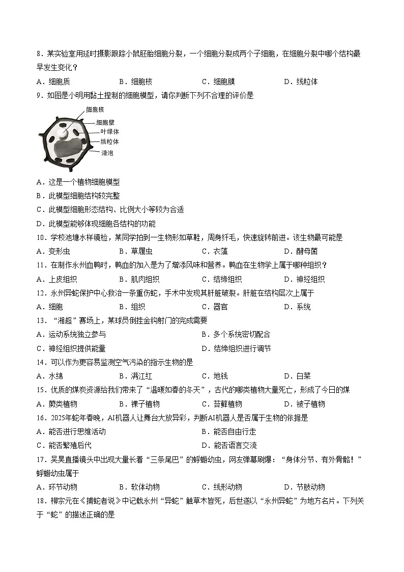 湖南省永州市祁阳市2025_2026学年七年级上学期期末生物试题（文字版，含答案）第2页