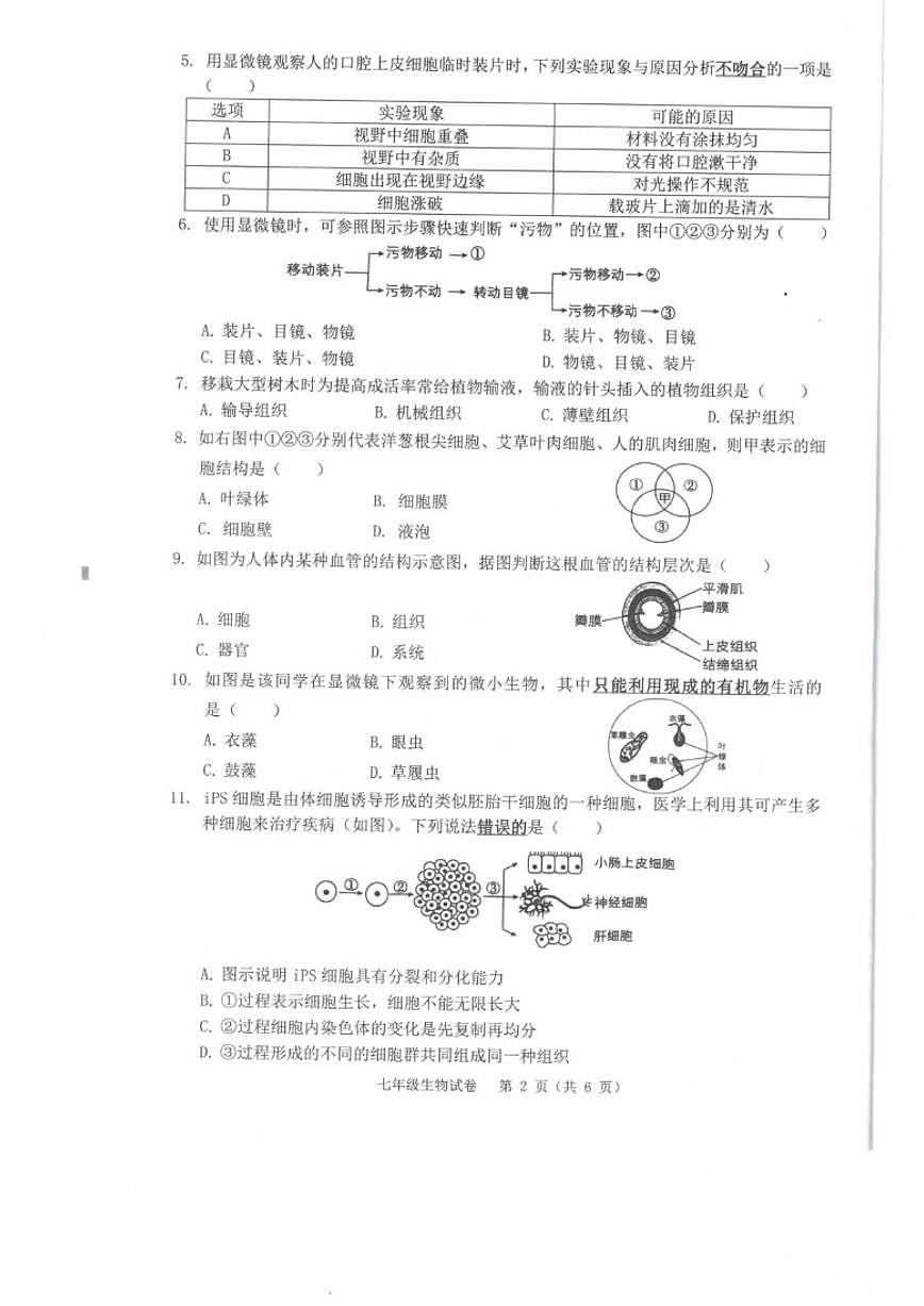 2025-2026学年安徽省芜湖市七年级上学期期末教学质量监控生物试卷（含答案）第2页