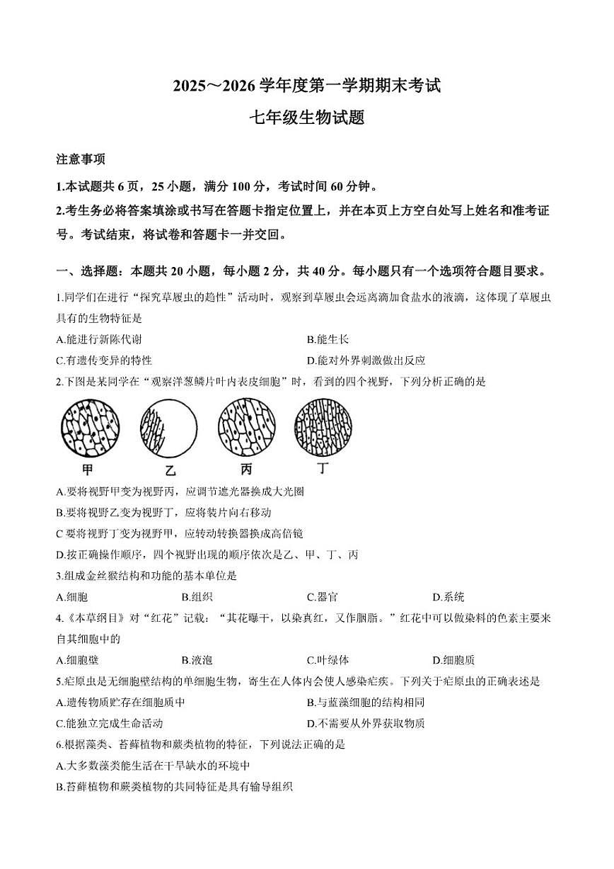 2025-2026学年山东省枣庄滕州市上学期期末七年级生物试卷（含答案）第1页