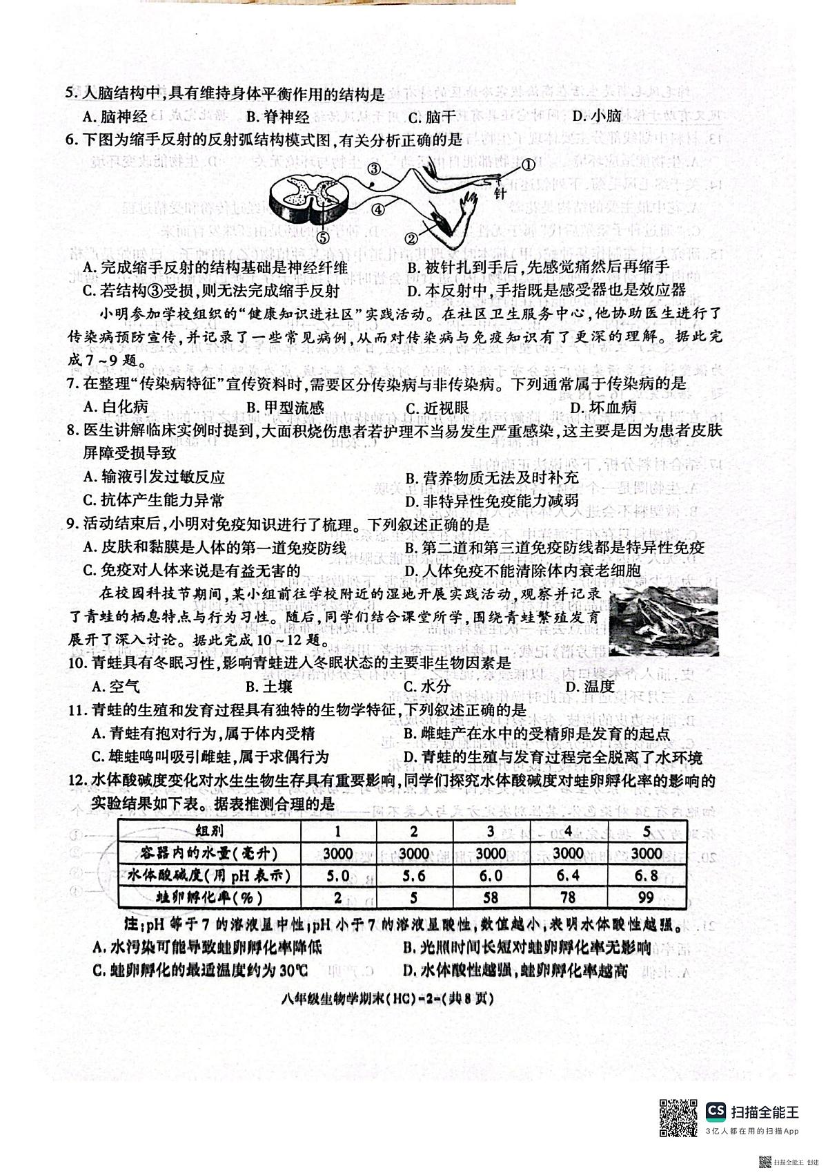2025-2026年度第一学期八年级期末生物学试卷（含解析）第2页
