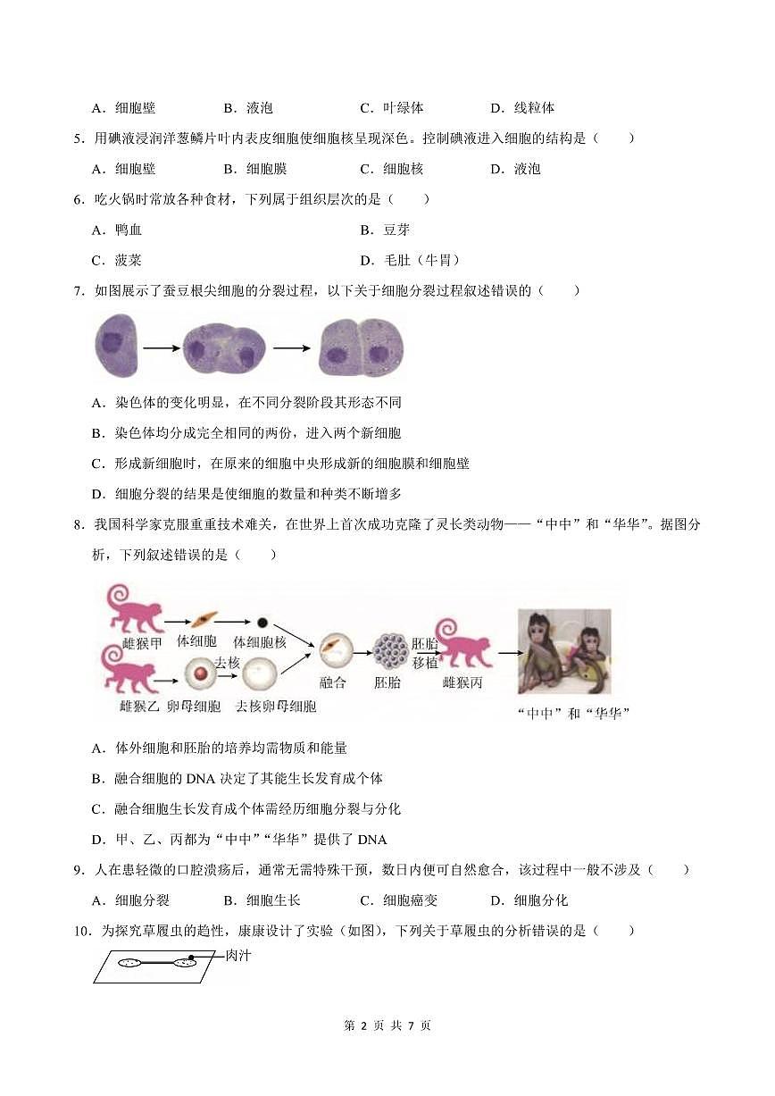 2024-2025学年深圳市南山区七年级上册期末生物试卷含答案第2页