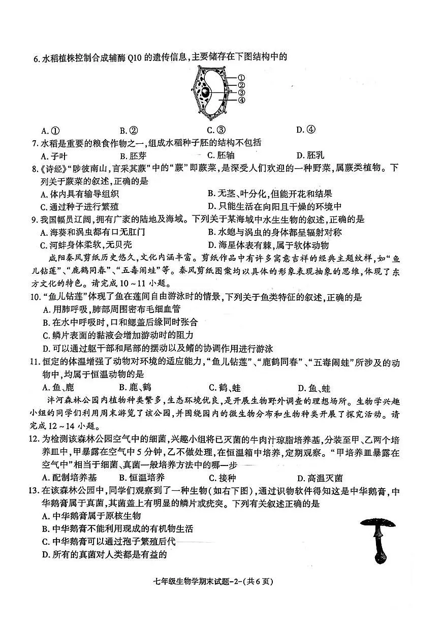 陕西省咸阳市秦都区2025-2026学年七年级上学期1月期末生物试题第2页