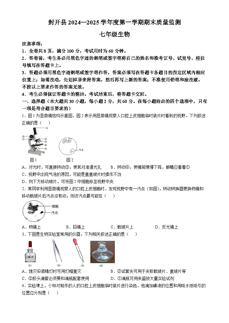 广东省肇庆市封开县七年级上学期期末生物试题-A4第1页