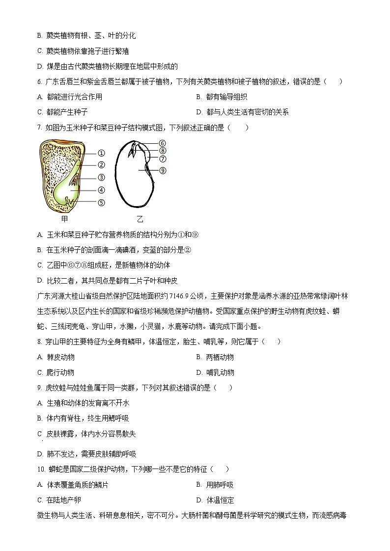 广东省河源市和平县七年级上学期期末生物试题（原卷版）-A4第2页