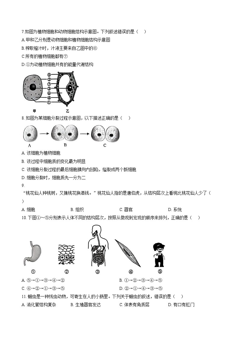 福建省莆田市荔城区2025—2026年度上学期七年级期末质量监测生物学试卷（文字版，含答案）第2页